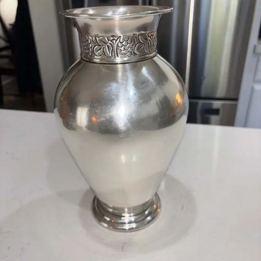 Pottery Barn Metal Vase Antique Look Embossed Grapevine Detail 10.5”